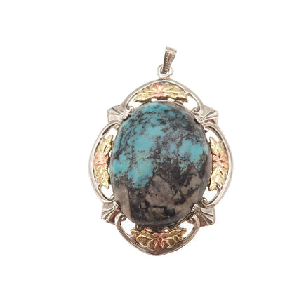L.S. Peterson Co. 925 Sterling 10K Gold Antique Art Deco Real Turquoise Pendant