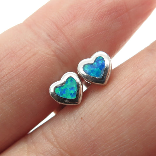 925 Sterling Silver Real Opal Heart Stud Earrings