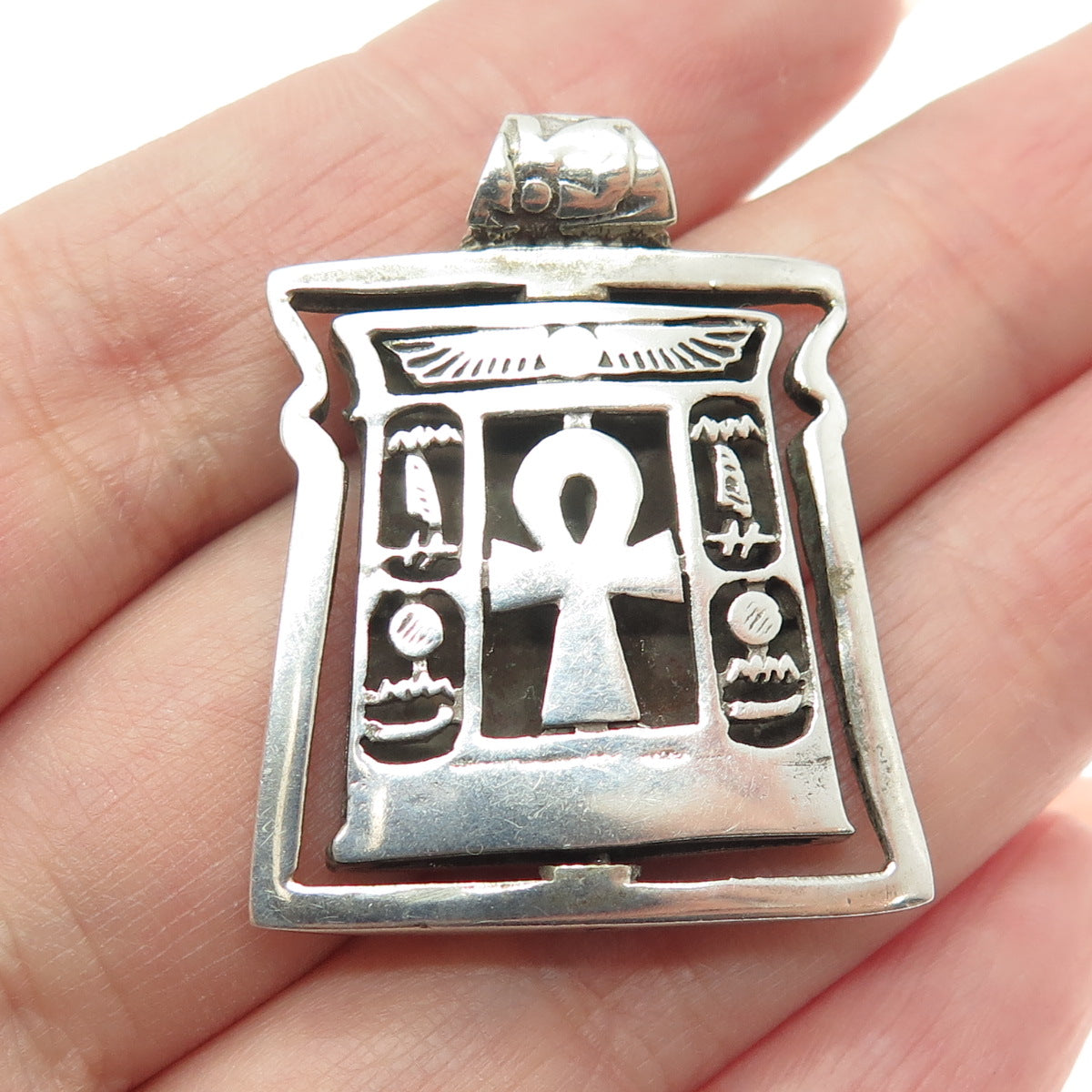 800 Silver Vintage Egyptian Symbols Scarab & Ankh Reversible Oxidized Pendant