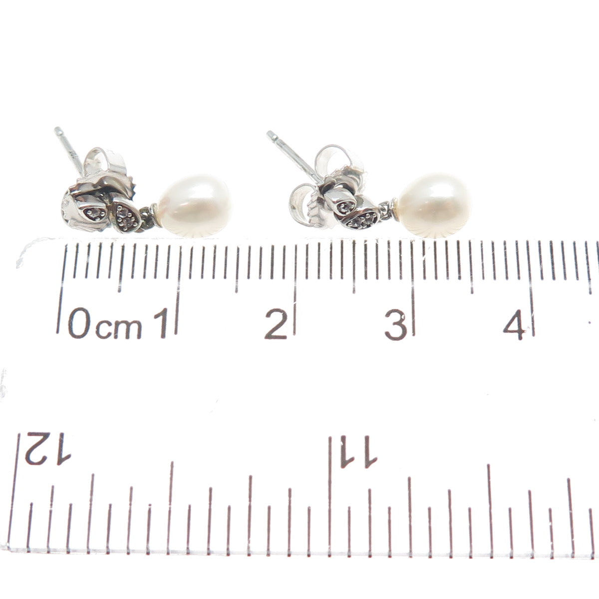 MICHELLE ALBALA Sterling Silver Real Pearl & White Topaz Floral Dangle Earrings