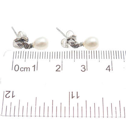 MICHELLE ALBALA Sterling Silver Real Pearl & White Topaz Floral Dangle Earrings