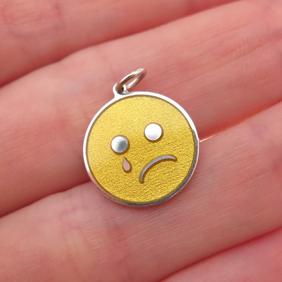 925 Sterling Silver Yellow Enamel Sad Face Emoji Charm Pendant