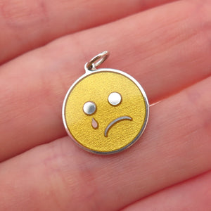 925 Sterling Silver Yellow Enamel Sad Face Emoji Charm Pendant