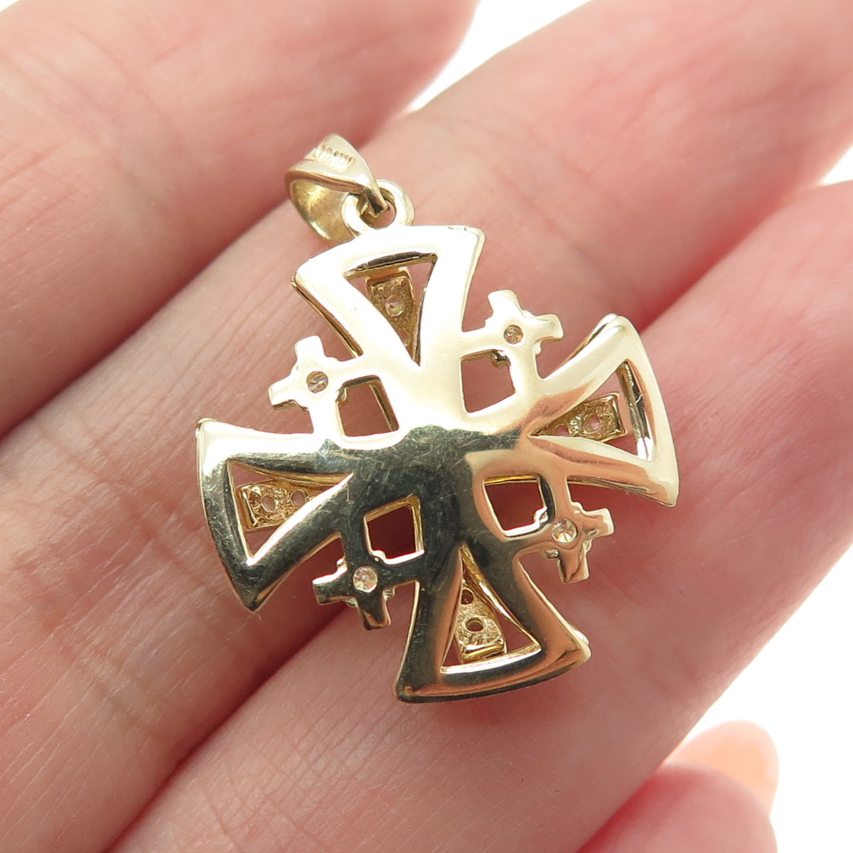 14K Yellow Gold Round-Cut C Z Jerusalem Cross Religious Charm Pendant