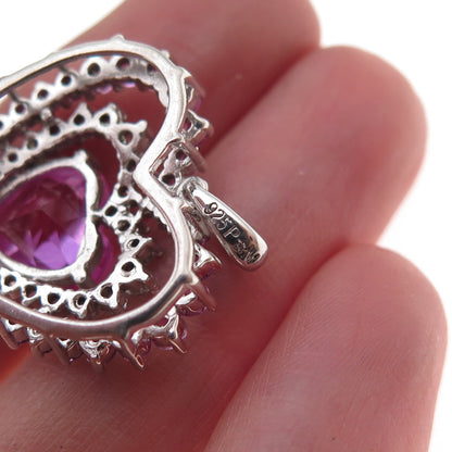 925 Sterling Silver Real Pink & White Topaz Heart Charm Pendant