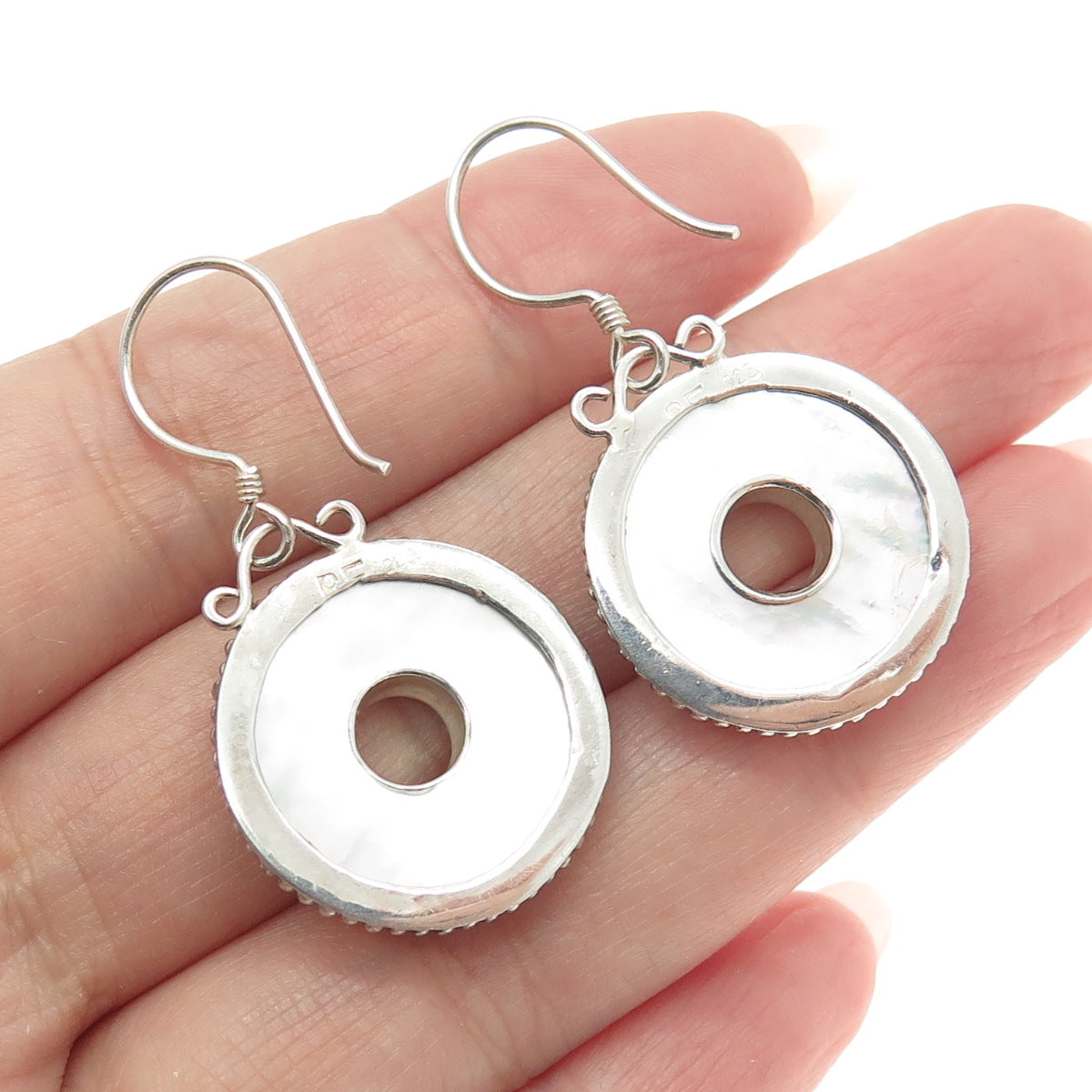 AF DESIGN 925 Sterling Silver Vintage Real MOP Granulated Disc Dangle Earrings