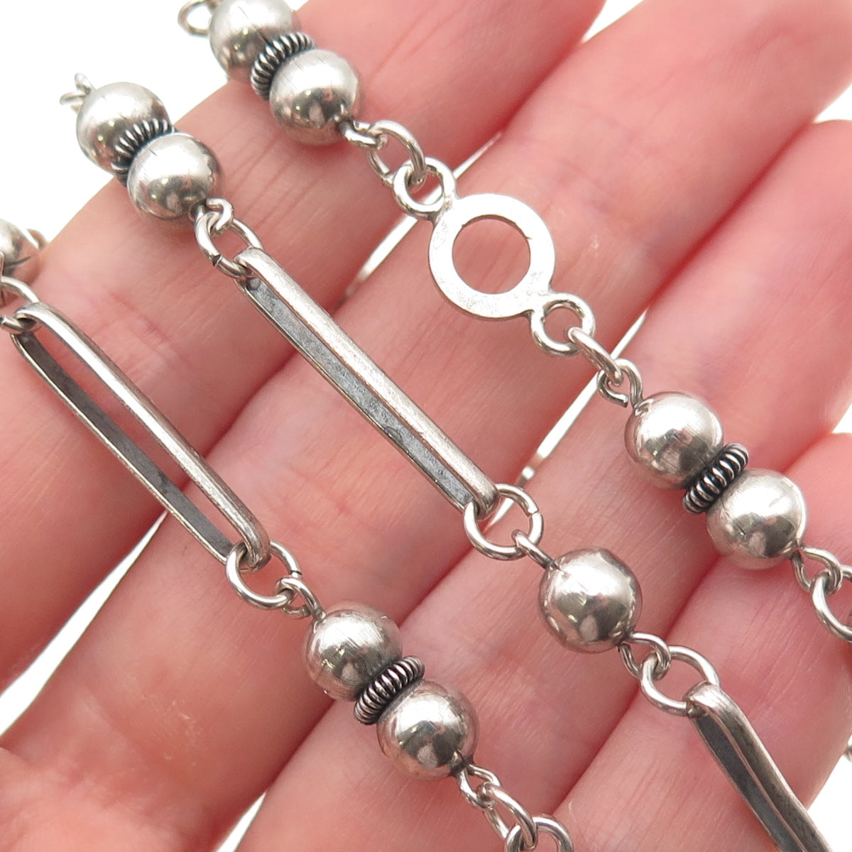 925 Sterling Silver Antique Art Deco Cannetille Beaded Bar Chain Necklace 24"