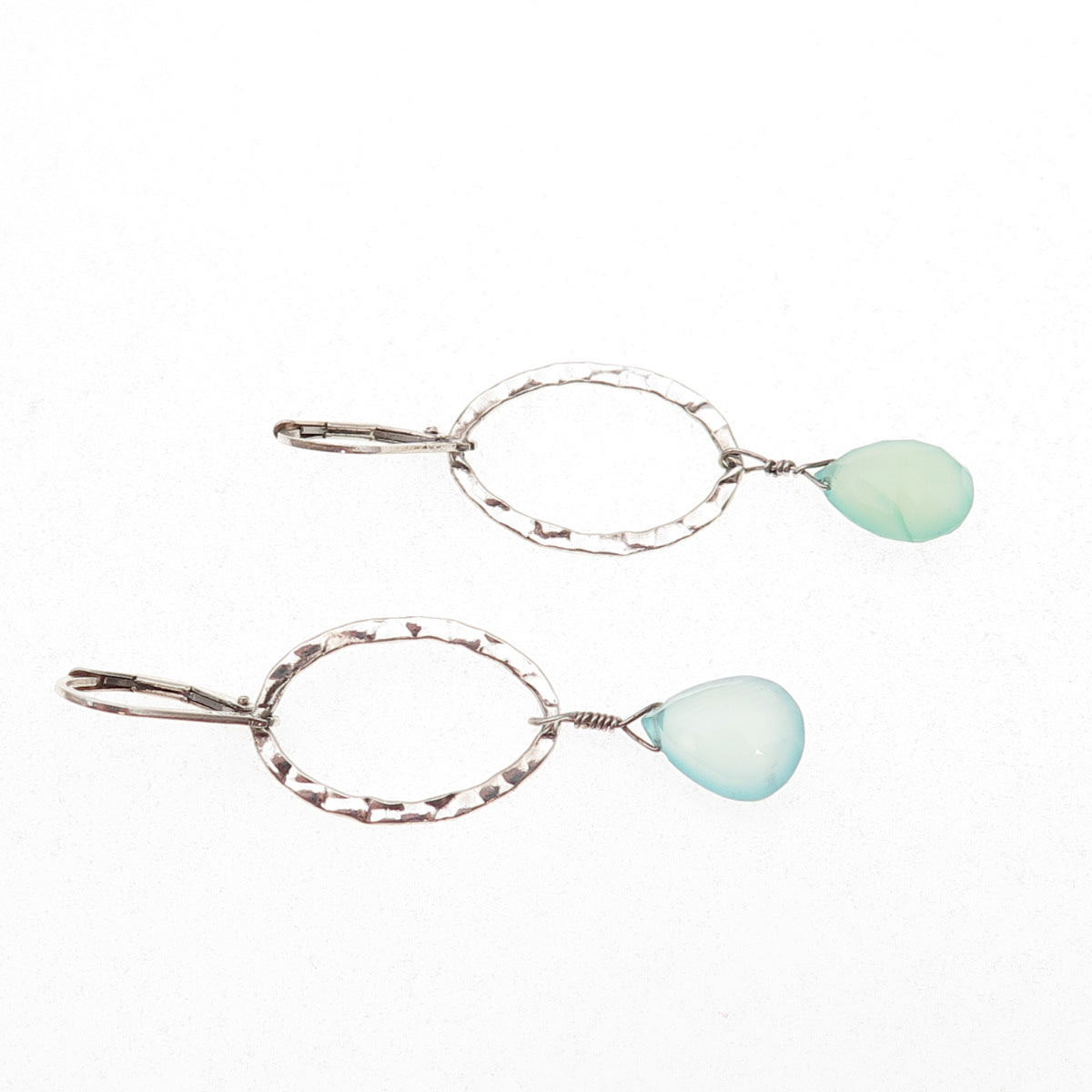 925 Sterling Silver Real Aquamarine Hammered Oval Dangle Earrings