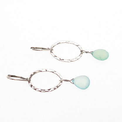 925 Sterling Silver Real Aquamarine Hammered Oval Dangle Earrings