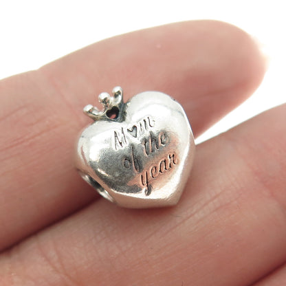 PANDORA 925 Sterling Silver "Mom of The Year" Heart Bead Charm