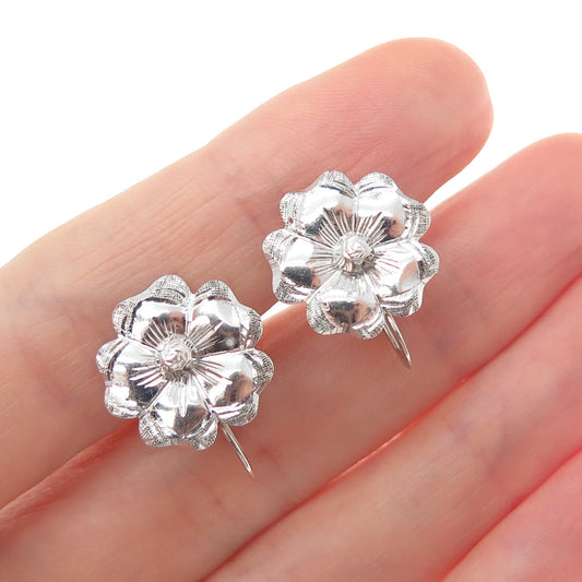 925 Sterling Silver Antique Art Deco Flower Blossom Screw Back Earrings