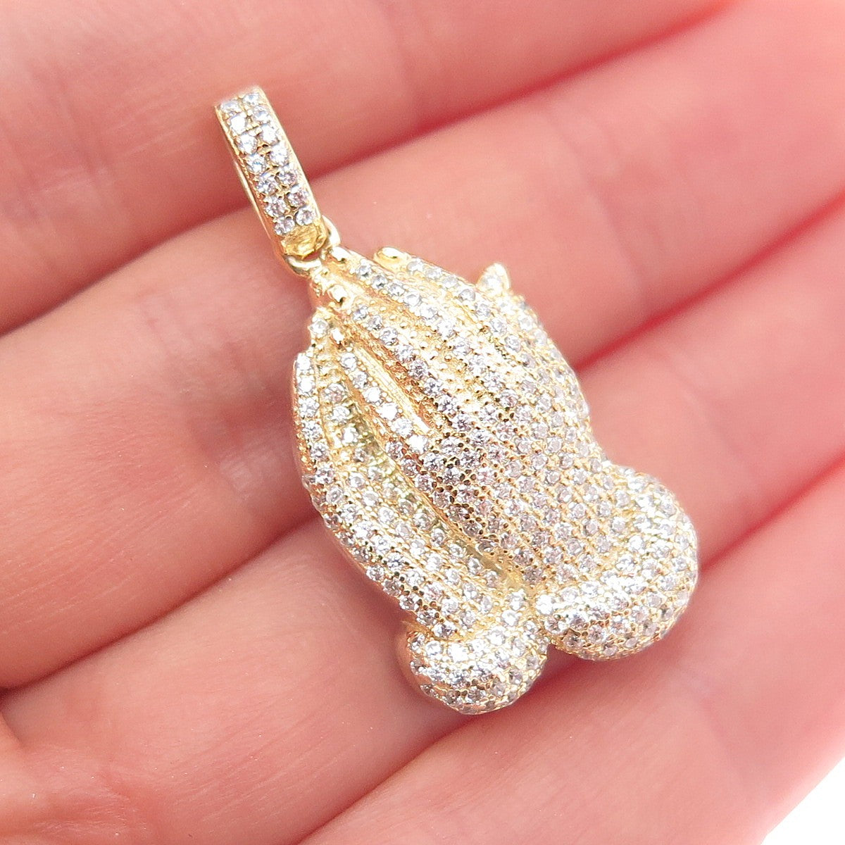 925 Sterling Silver Gold Plated Round-Cut C Z Praying Hands Charm Pendant