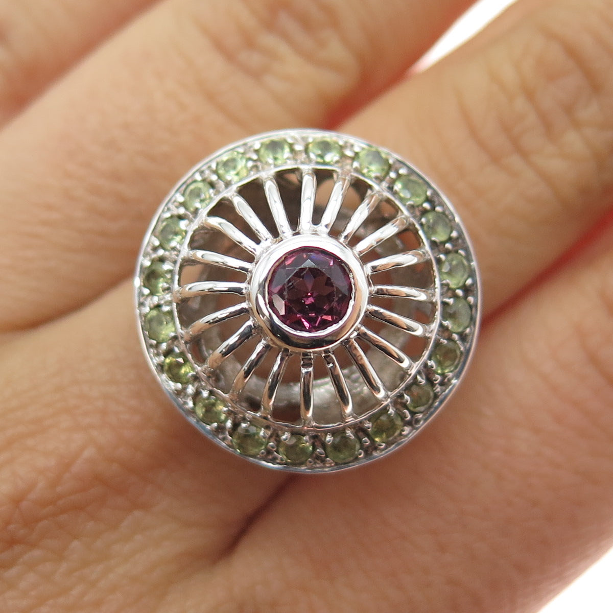 SAJEN 925 Sterling Silver Vintage Real Tourmaline & Peridot Ring Size 7.25