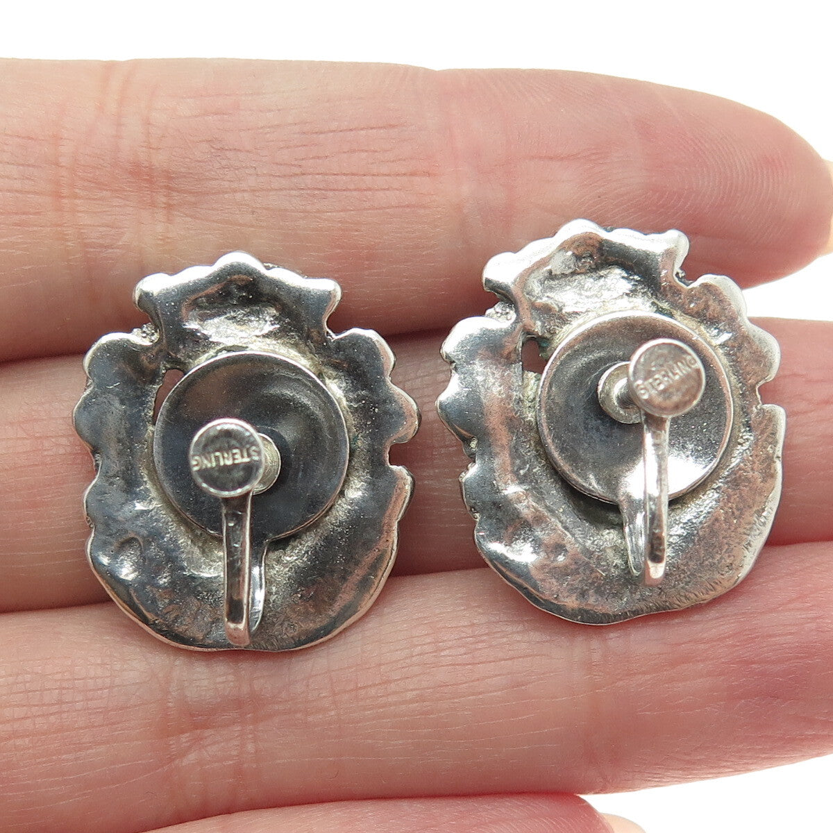 925 Sterling Silver Antique Art Deco Crown Shield Heraldic Screw Back Earrings