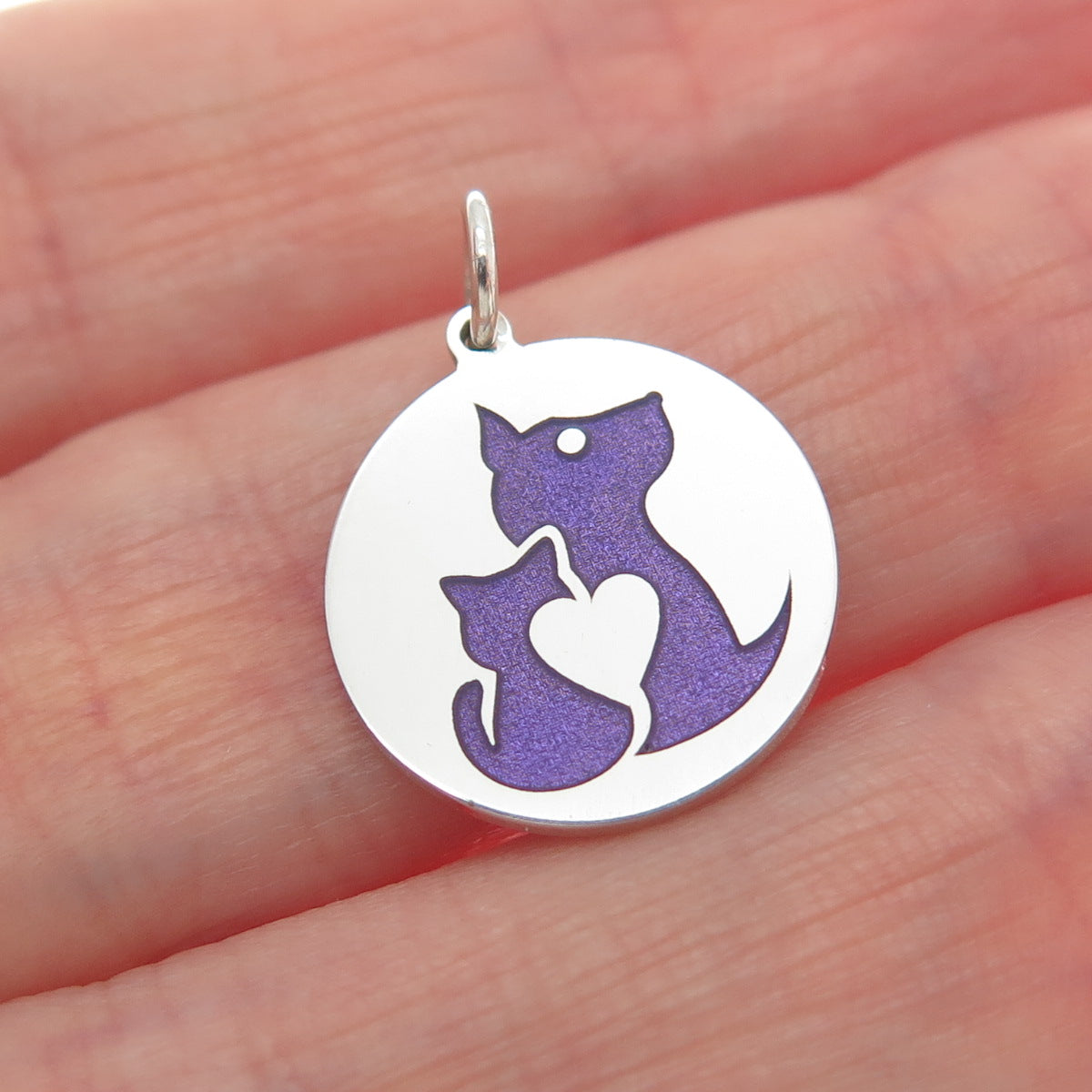 925 Sterling Silver Purple Enamel Dog & Cat Friendship Minimalist Charm Pendant