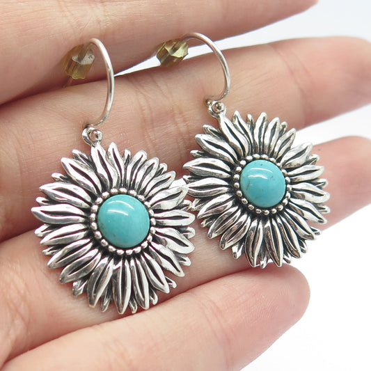 925 Sterling Silver Vintage Real Turquoise Sunflower Drop Earrings