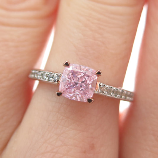 DSMK 925 Sterling Silver Cushion & Round-Cut Pink White C Z Ring Size 6.25