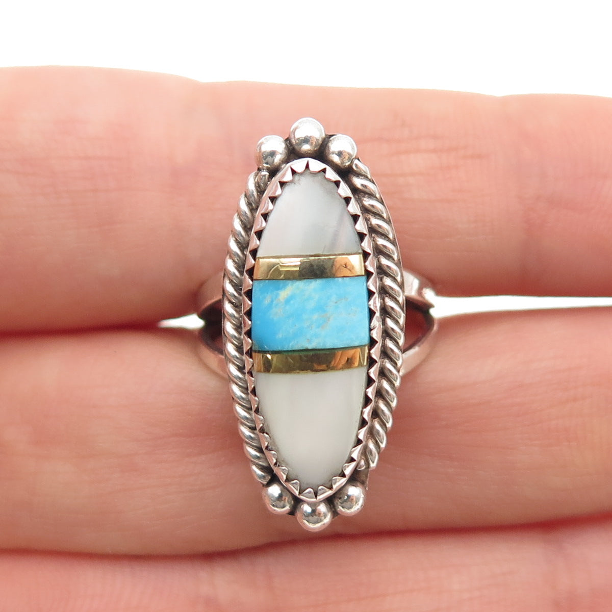 Jennifer Begay Navajo Old Pawn Sterling 2-Tone Turquoise & MOP Ring Size 5.25