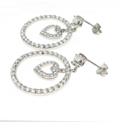 925 Sterling Silver Round-Cut C Z Circle of Life & Heart Dangling Earrings