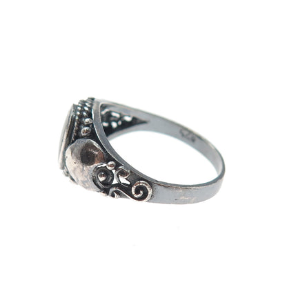 925 Sterling Silver Vintage Real Black Onyx Crescent Oxidized Ring Size 8.75