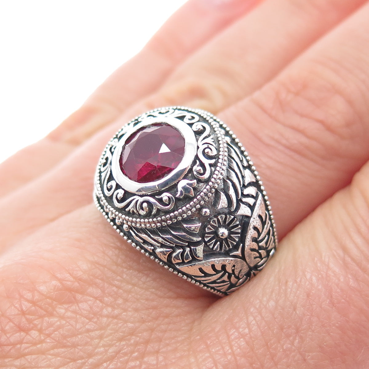 925 Sterling Silver Antique Art Deco Real Ruby Floral Oxidized Ring Size 10.25