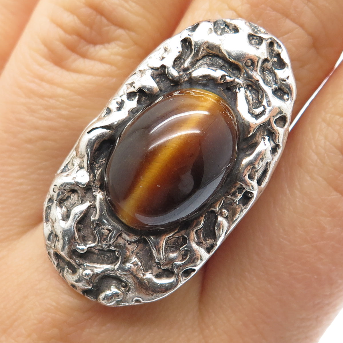 925 Sterling Silver Vintage Real Tiger Eye Modernist Nugget Oxidized Ring Size 8