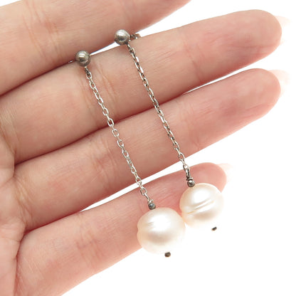 925 Sterling Silver Vintage Real Pearl Chain Drop Dangle Earrings