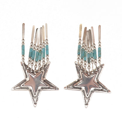 Quoc Turquoise Old Pawn 925 Sterling Silver Vintage Star Tribal Jacket Earrings