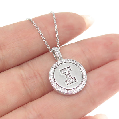 925 Sterling Silver Italy Pave C Z Letter "I" Initial Cable Chain Necklace 16"