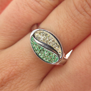 925 Sterling Silver Green & Yellow Rhinestone Yin Yang Ring Size 8.25