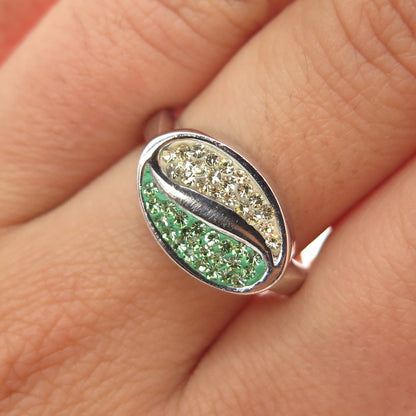 925 Sterling Silver Green & Yellow Rhinestone Yin Yang Ring Size 8.25