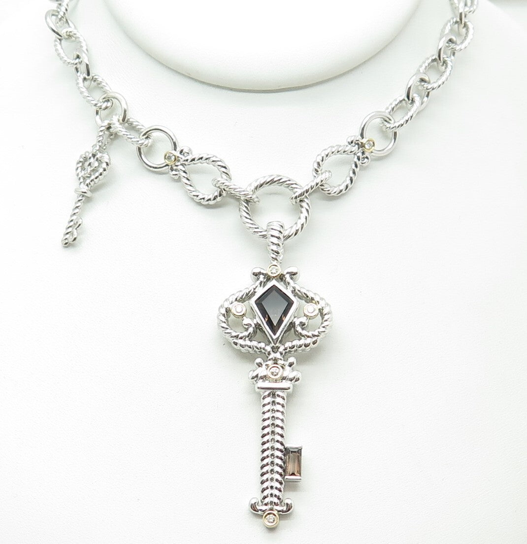 DANWAK 18K Gold Sterling 5-Diamond 0.13ct & 2-Quartz 2.38ct Key Necklace 18"