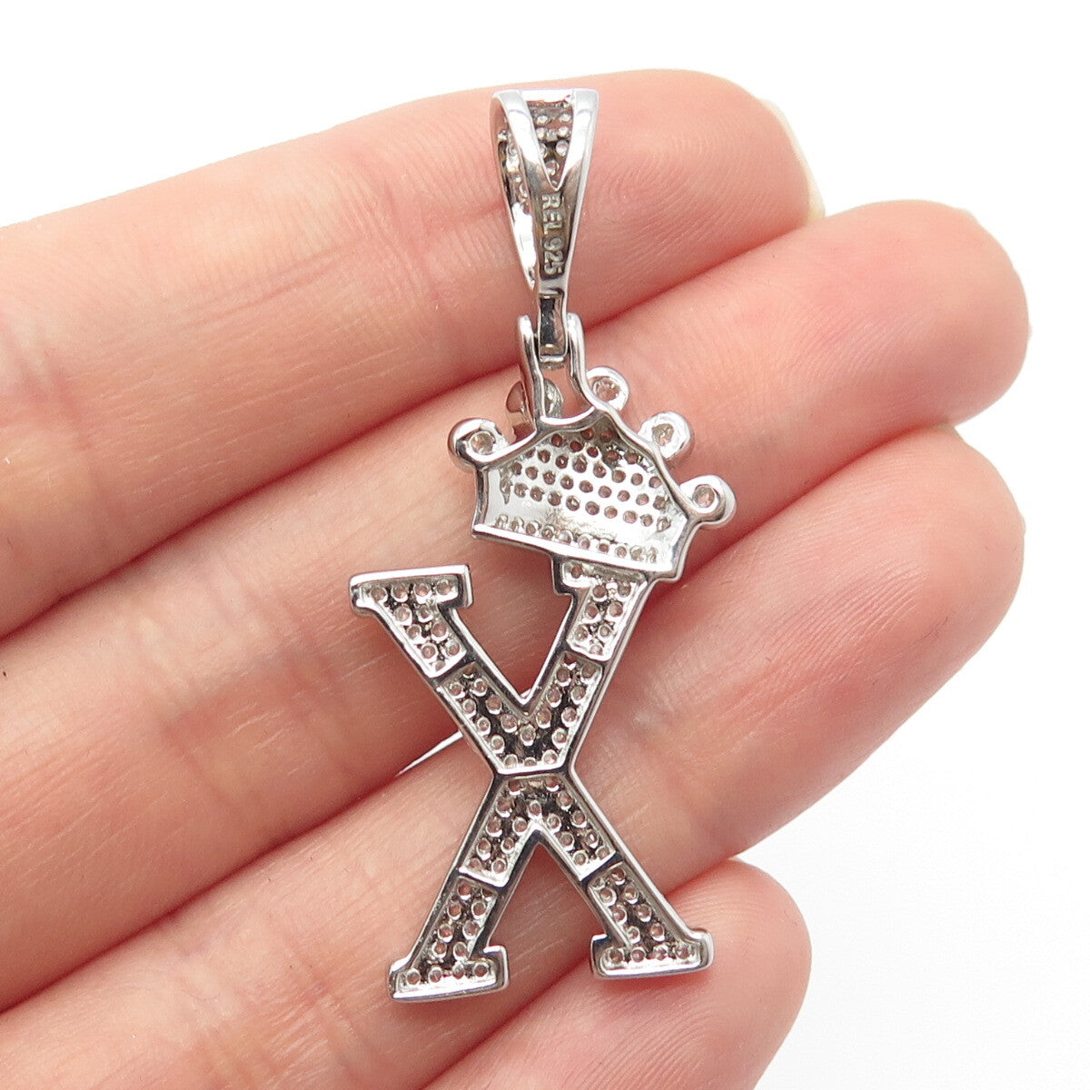 925 Sterling Silver REL C Z Letter "X" & Crown Initial Pendant