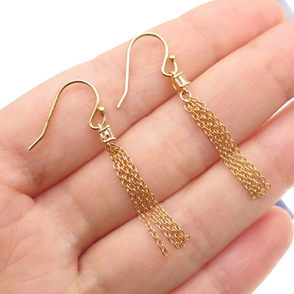 925 Sterling Silver Gold Plated Princess-Cut C Z Tassel Dangle Earrings