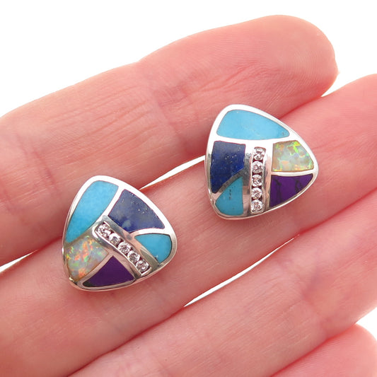 925 Sterling Silver Vintage Real Turquoise Lapis Opal & C Z Stud Earrings
