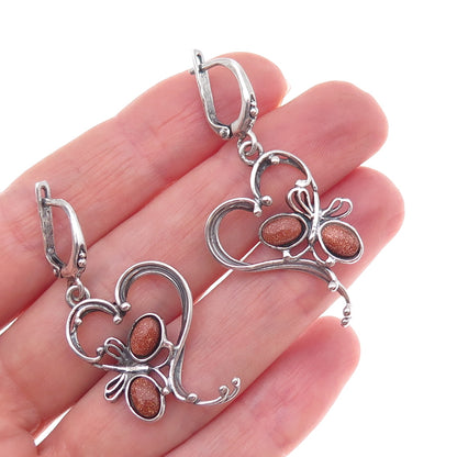 925 Sterling Vintage Poland Real Goldstone Butterfly & Heart Dangle Earrings