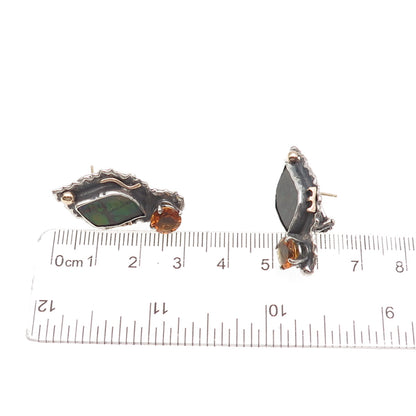 H & BJ Mackie 925 Sterling 14K Gold Vintage Ammolite Citrine Omega Back Earrings