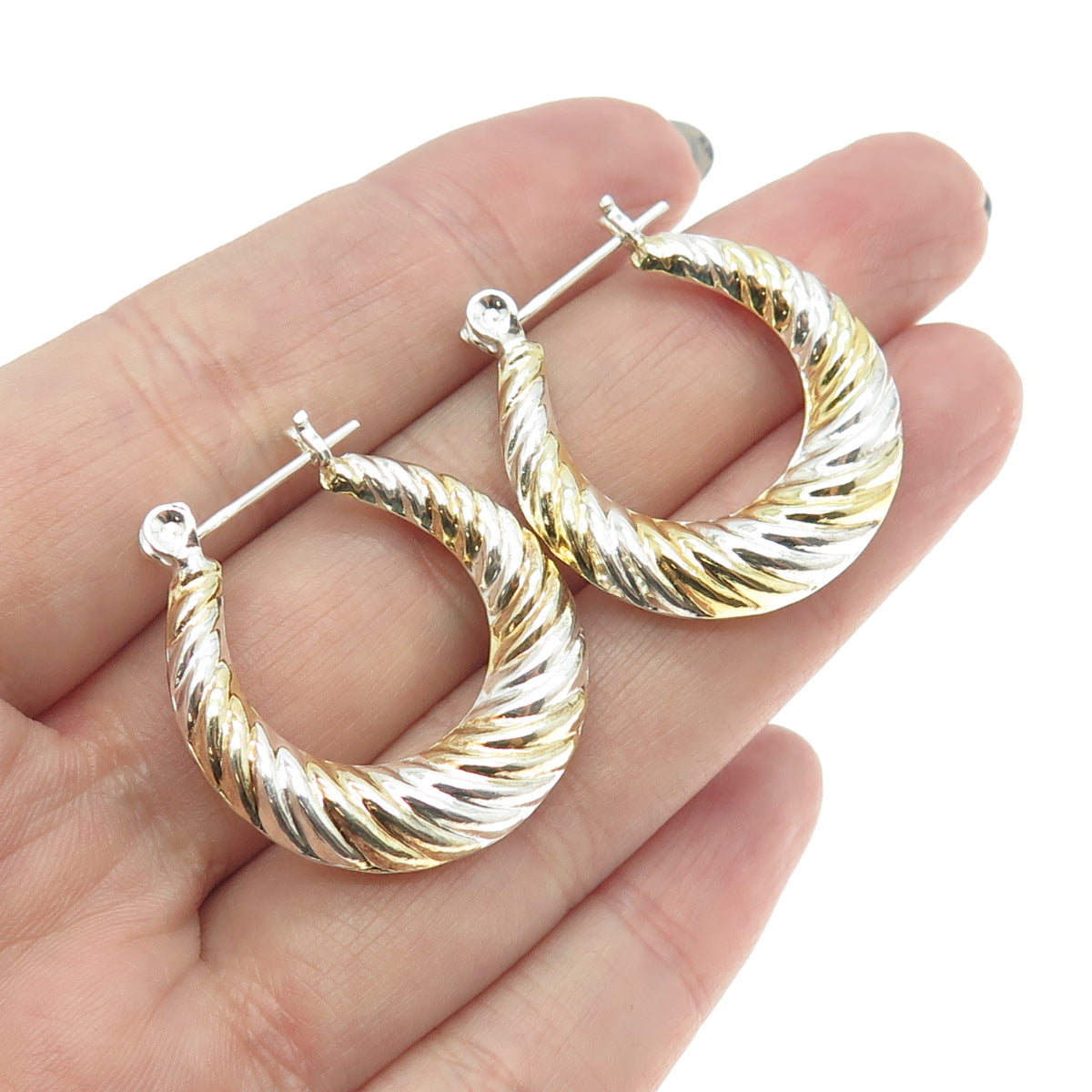 925 Sterling Silver 2-Tone Ribbed Hinged Hoop Earrings