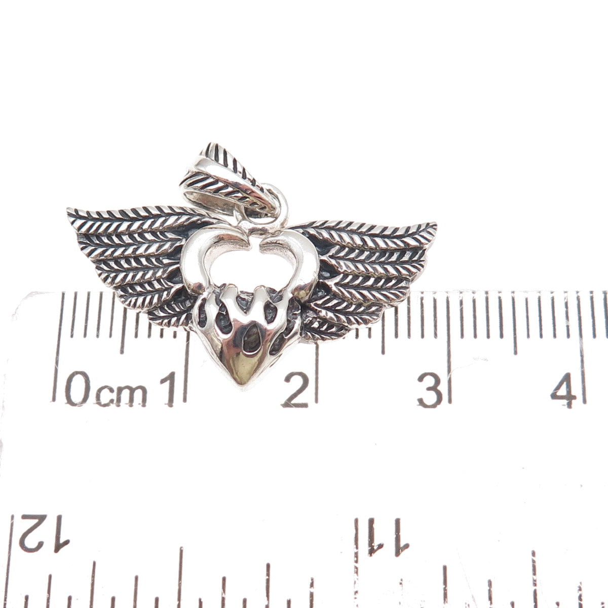 925 Sterling Silver Vintage Heart Angel Wings Oxidized Charm Pendant