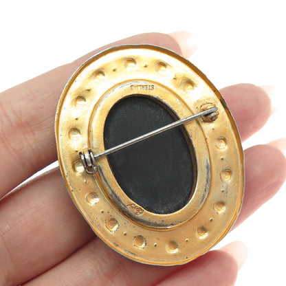 CORO 925 Sterling Silver Gold Plated Antique Art Deco Black Onyx Cameo Brooch