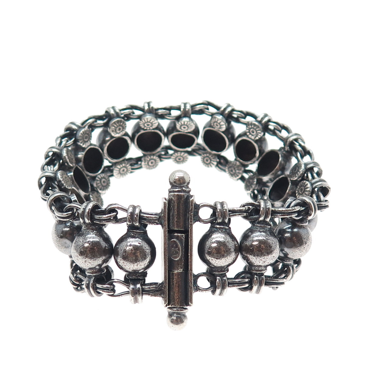 RA Rajasthani Sterling Silver Vintage Modernist Ball Beaded Oxidized Bracelet 7"