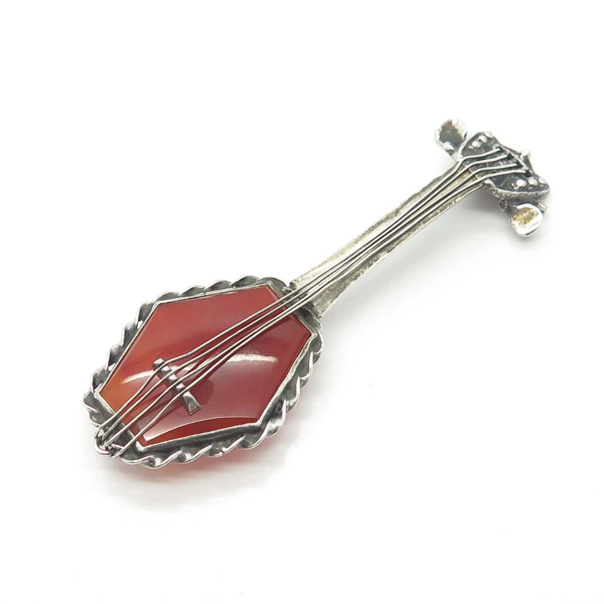 925 Sterling Silver Vintage Real Carnelian Banjo Musical Instrument Pin Brooch