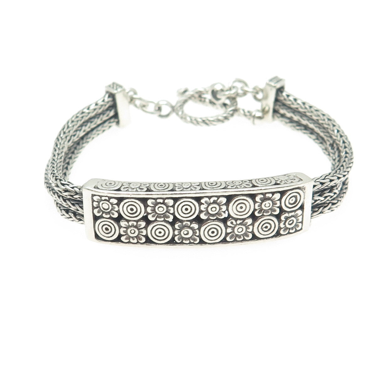 925 Sterling Silver Vintage Floral ID 3-Row Wheat Link Bracelet 6.75"