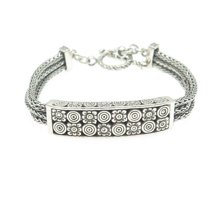 925 Sterling Silver Vintage Floral ID 3-Row Wheat Link Bracelet 6.75"