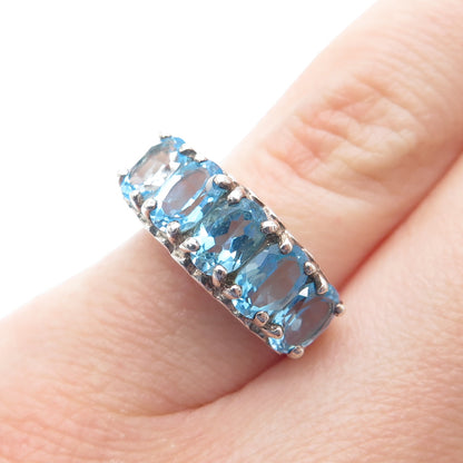 925 Sterling Silver Real Oval-Cut Blue Topaz Cluster Ring Size 6