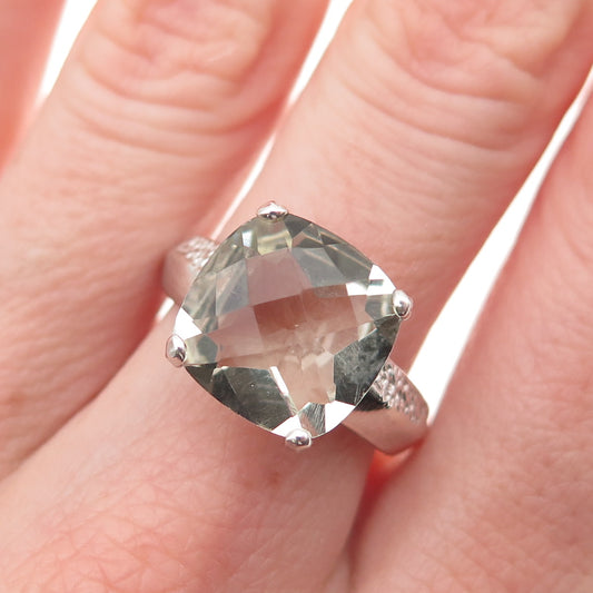 925 Sterling Silver Real Cushion-Cut Green Amethyst Modernist Ring Size 8.25