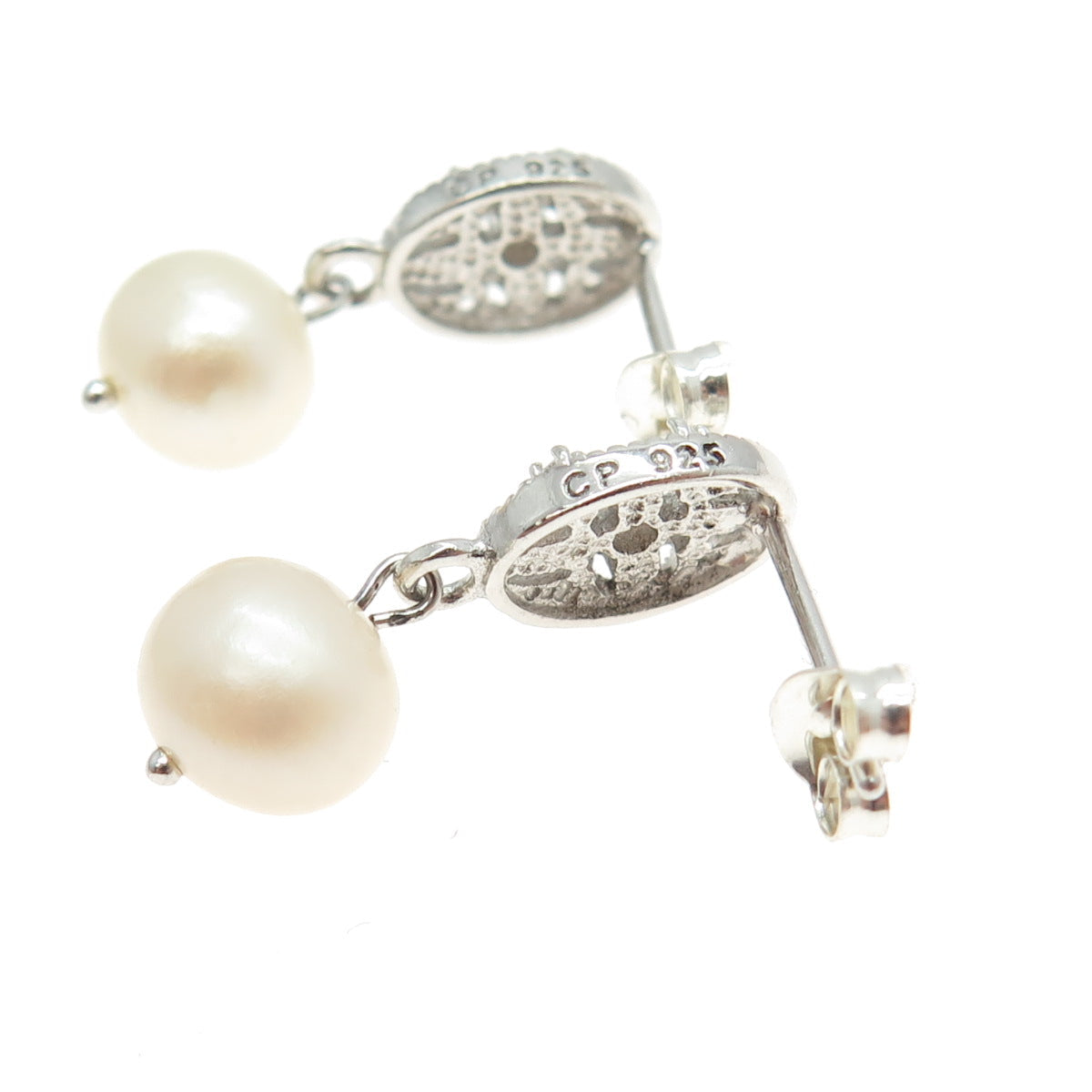 925 Sterling Silver Real Pearl & C Z Dangling Earrings