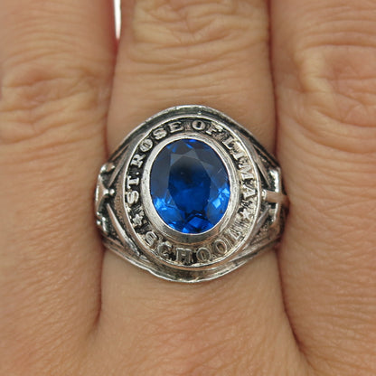 925 Sterling Vintage 1974 Lab-Created Sapphire St. Rose Of Lima School Ring 8.25