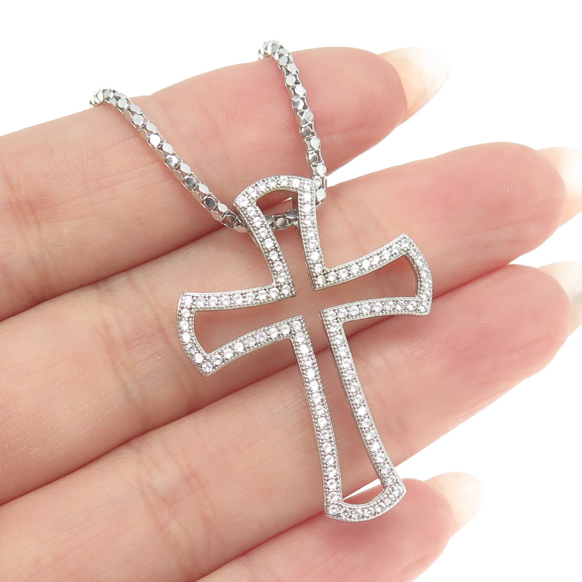 925 Sterling Silver Pave C Z Cross Pendant Popcorn Chain Necklace 16"