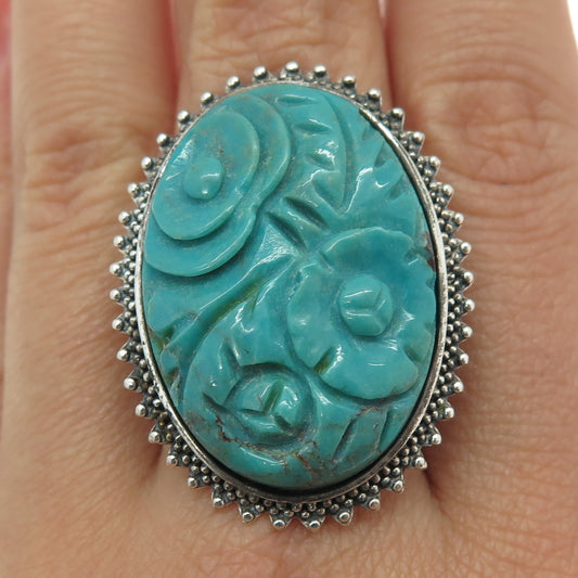 AMY KAHN RUSSELL 925 Sterling Silver Vintage Carved Turquoise Ring Size 8.75